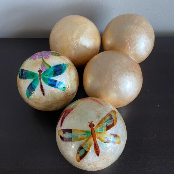 Pier 1 Decorative Paper Mache Balls, Dragonflies & Flower, and Plain 4” Set Of 5 - Picture 1 of 4